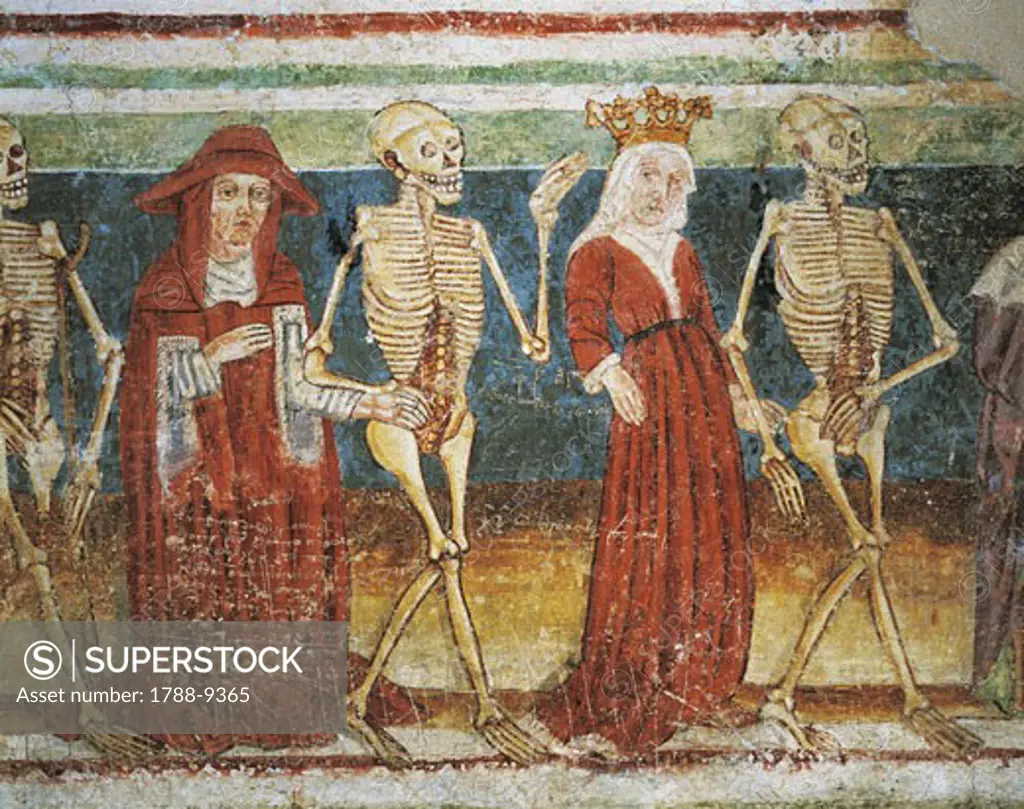 Slovenia - Hrastovlje. Trinity Church. 'Dance of death. Death, queen and cardinal'.  Fresco by Janez of Kastav, detail (1490)