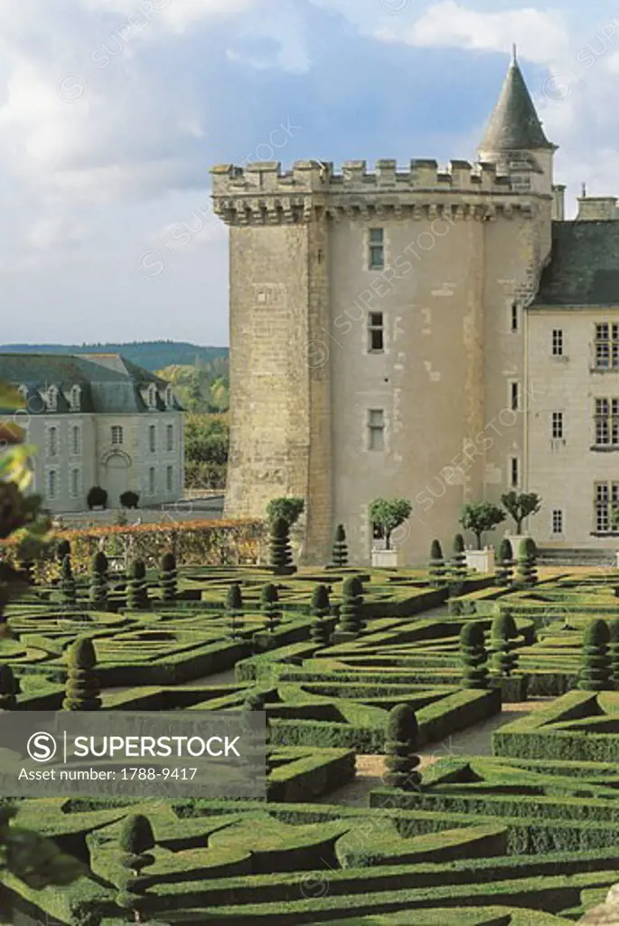 High angle view of a formal garden in front of a castle, Villandry, Centre, France