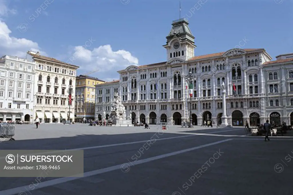 Tourists in front of a Town Hall, Italy Unity Square, Trieste, Friuli-Venezia Giulia, Italy