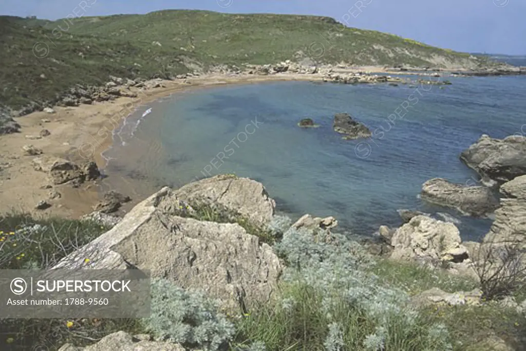 High angle view of a coastline, Capo Rizzuto Sea Natural Reserve, Capo Rizzuto, Crotone, Calabria, Italy