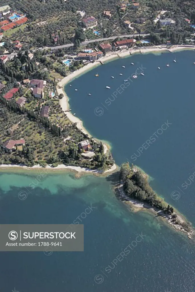 Aerial view of buildings at the lakeside, Lake Garda, Malcesine, Province of Verona, Veneto, Italy