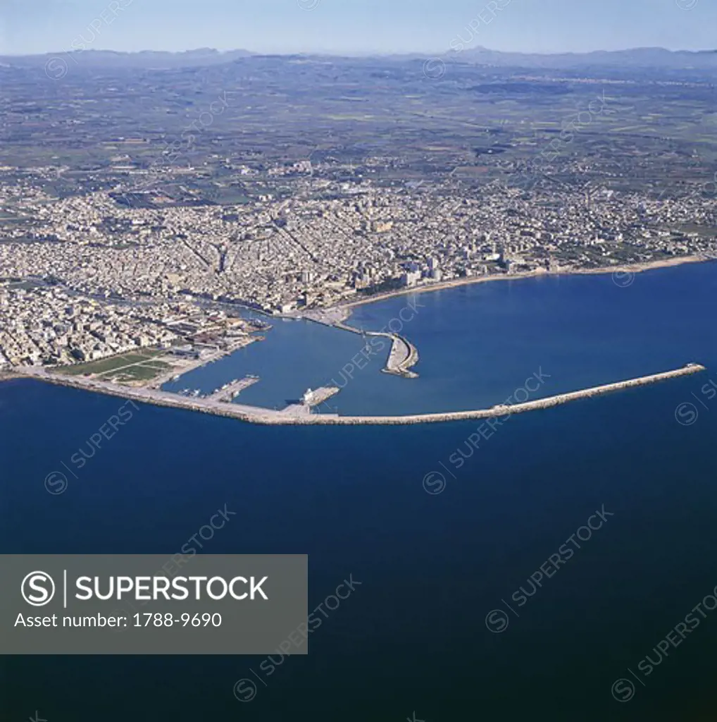 Aerial view of buildings in a town, Mazara Del Vallo, Province of Trapani, Sicily, Italy