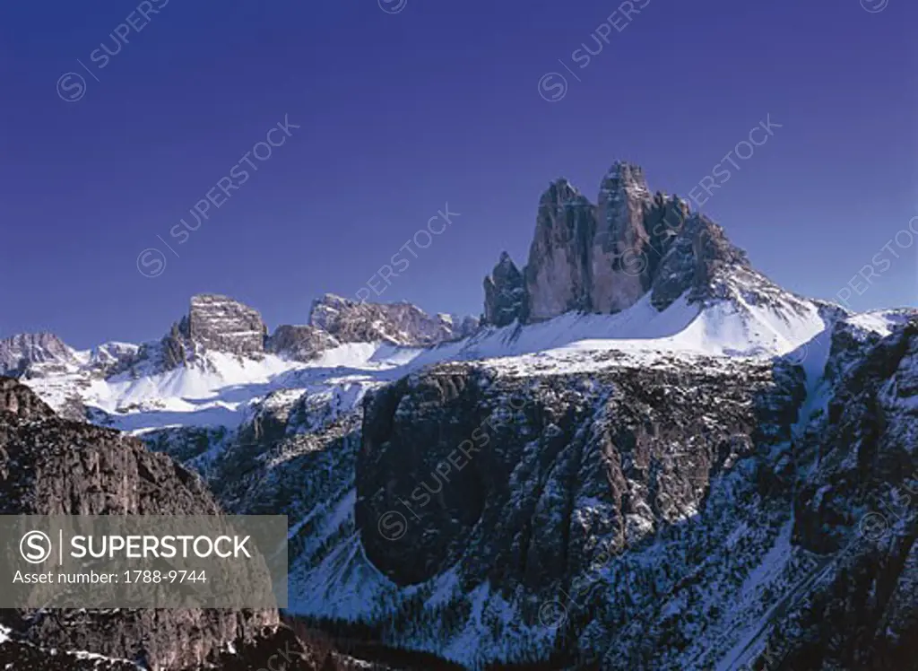 Snow on mountains, Dolomiti Di Sesto Natural Park, Puster Valley, Dolomites, Alto Adige, Italy