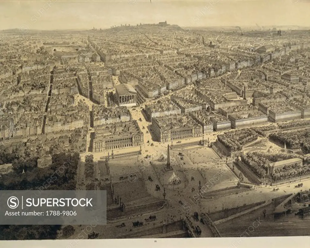 France. Paris, View of the city from above the Chamber of Deputies by Arnout, lithography