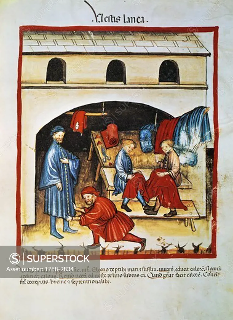 Italy, Tailor shop with wool clothing, miniature by Giovannino de Grassi (1350-1398) from Tacuinum Sanitatis