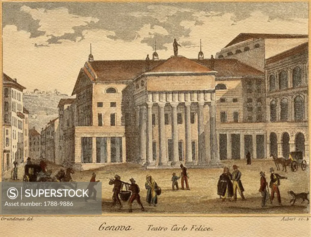 Italy, Genoa, View of Teatro Carlo Felice, print