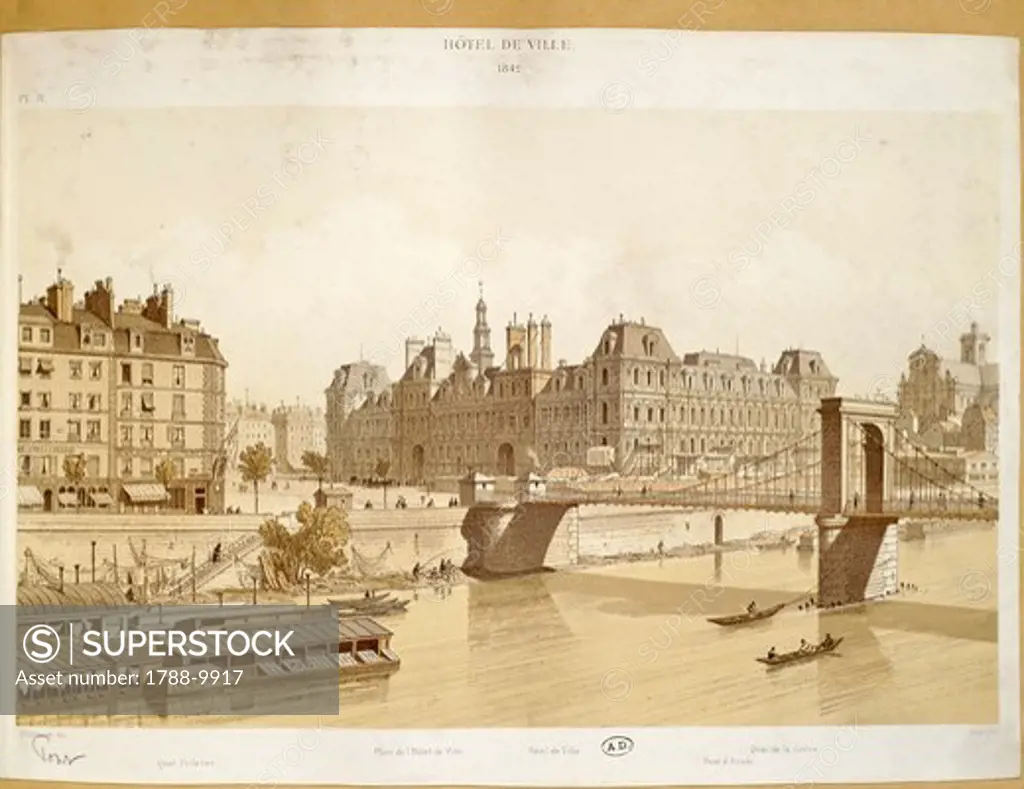 France, Paris, View of the City Hall and the River Seine, engraving, 1842