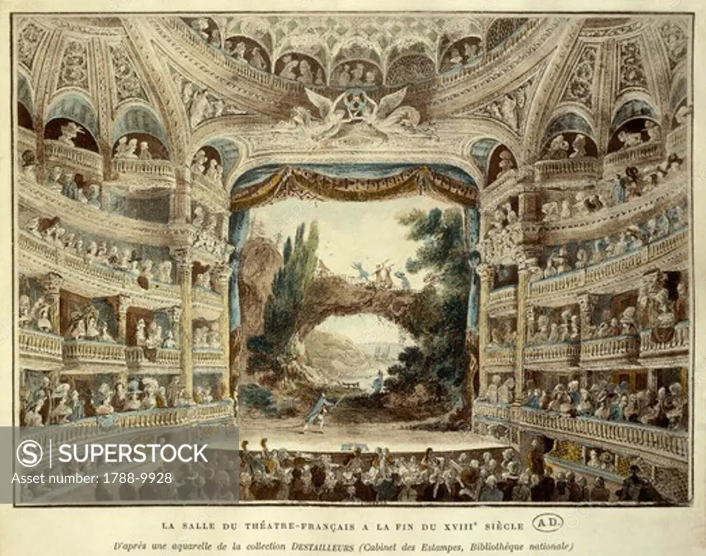 France, The hall of the Theatre Francais in Paris by Meunier, engraving after a watercolor