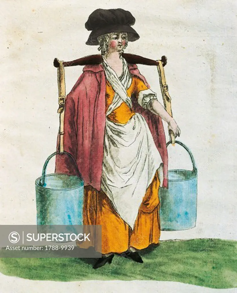 United Kingdom, England, A peasant woman carrying water, print