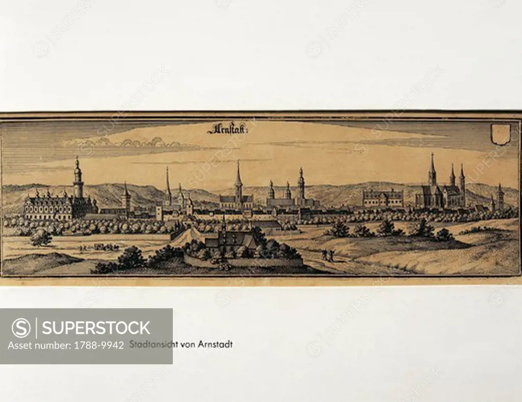 Germany, Arnstadt, View of the town, engraving by Matthaus Merian (1593-1650), 1650