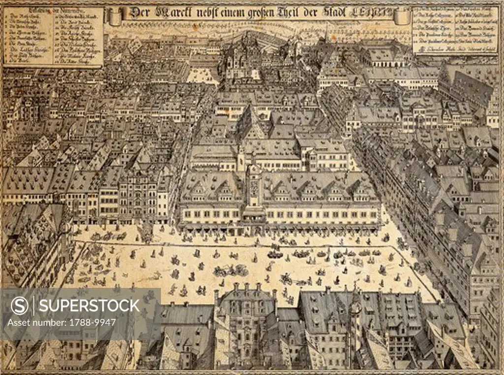 Germany, Leipzig, View of the market square, engraving, 1712