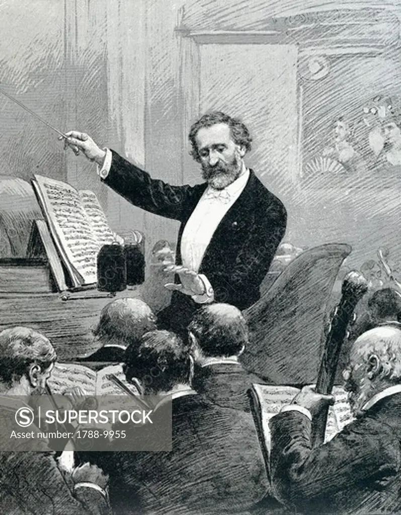France, Paris, Giuseppe Verdi (1813-1901) conducting the Paris Orchestra, engraving from Monde Illustre by Adrien Marie, 1880