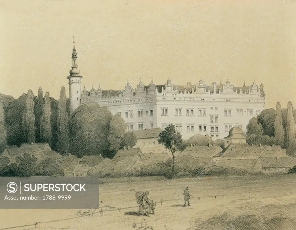 Czech Republic, Litomysl, View of the castle in the birthplace of the composer Bedrich Smetana (1824-1884), engraving