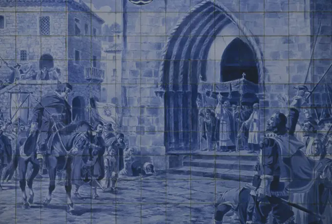 The Duke of Braganza acclaimed as King John IV of Portugal in Lisbon in 1640, azulejo of 1940, Ponte de Lima, Viana do Castelo, Portugal. Detail.