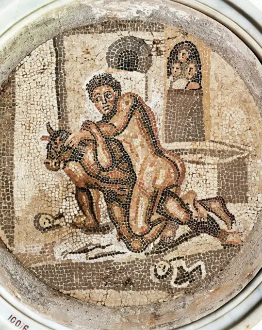 Roman civilization, Mosaic depicting Theseus and Minotaur, From Pompei, Italy