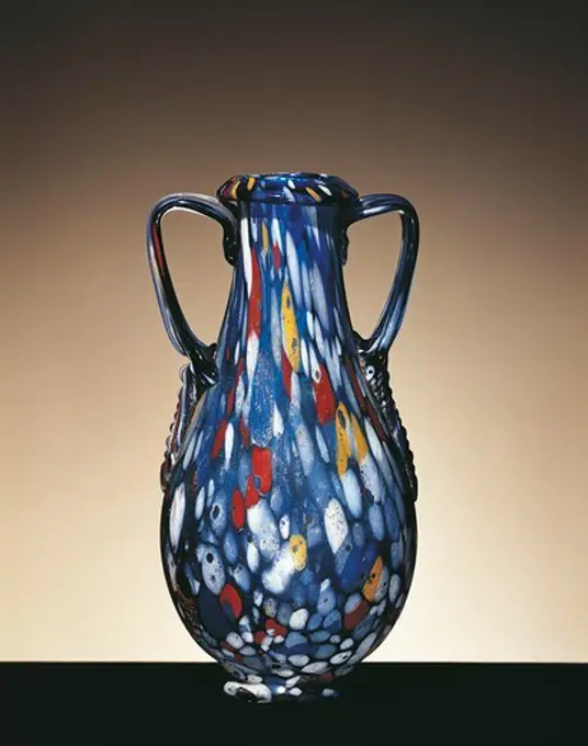 Roman two-handled vase of blue blown glass, decorated with white, yellow and red dots, from Lebanon, 1st Century