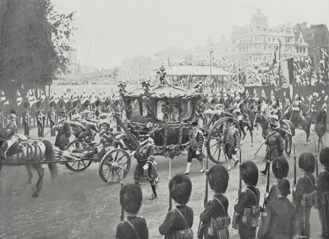 The Royal procession going to Westminster Abbey on Coronation day of King Edward VII (1841-1910), London, England, August 9, 1902, from L'illustrazione Italiana, Year XXIX, No 33, August 17, 1902.