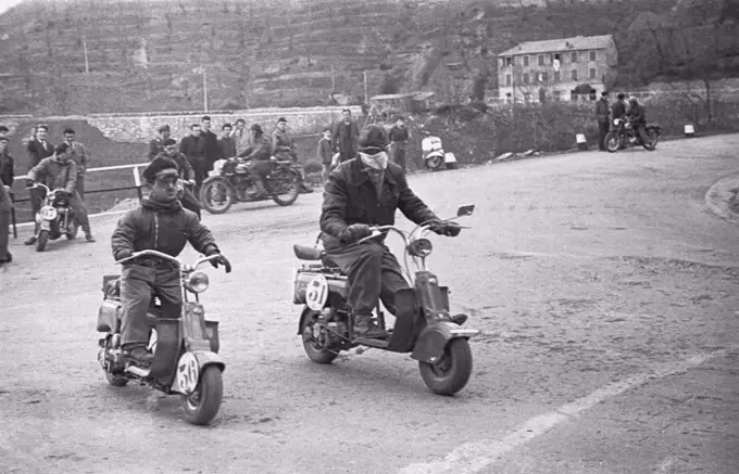 Two Lambretta scooters, motorcycle rally, 1950s, Genoa, Italy, 20th century.