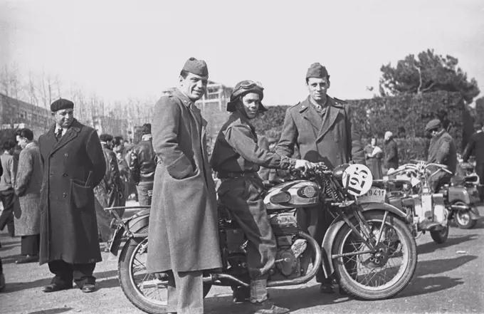 A motorcycle at a motorcycle rally, 1950s, Genoa, Italy, 20th century.