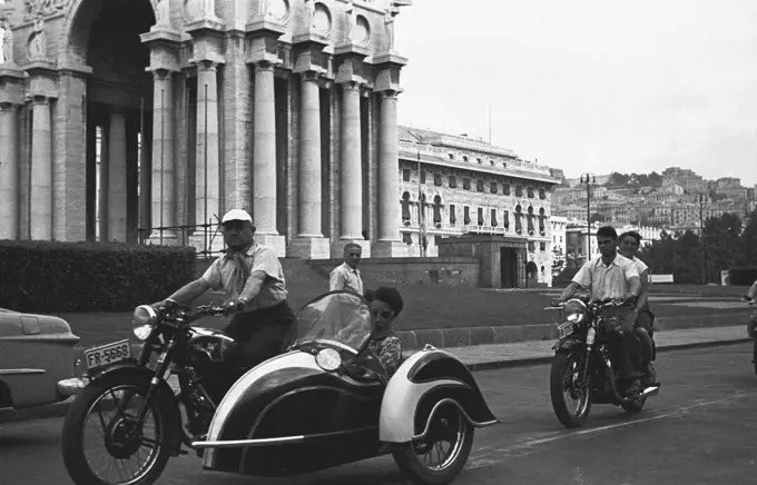 Motorcycles registered at the Motorcycle Rally, Piazza della Vittoria, August 13, 1951, Genoa, Italy, 20th century.