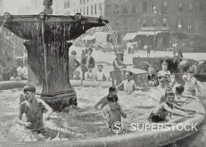 Escape from the summer heat, children refreshing in the waters of a New York fountain, United States of America, photo by George Grantham Bain from L'Illustration, No 3259, August 12, 1905.