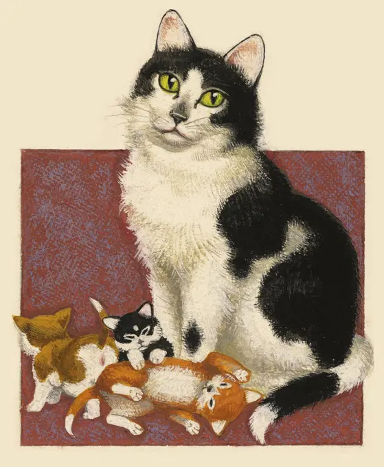 A cat and her kittens, drawing.