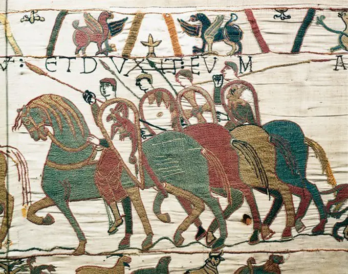 Cavalry, detail of Queen Mathilda's Tapestry or Bayeux Tapestry depicting Norman conquest of England in 1066, France, 11th century.