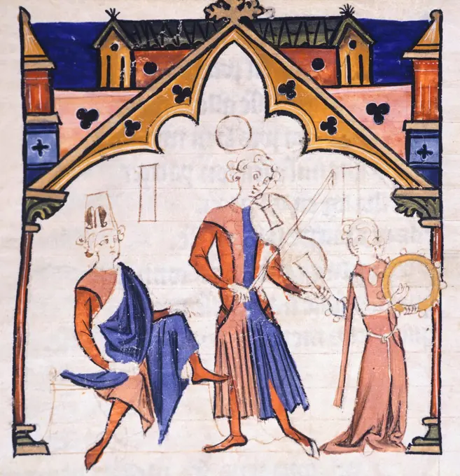 Musicians with harpsichord, viola, miniature from a medieval Manuscript, 13th Century.