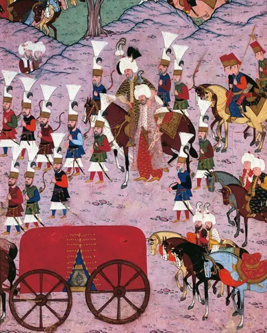 Suleiman the Magnificent and his army, 1566, Ottoman miniature, Turkey 16th Century.