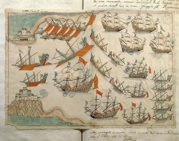 The fleet passing the Dardanelles, miniature from Turkish Memories, Arabic manuscript, Cicogna Codex, Turkey, 17th Century.
