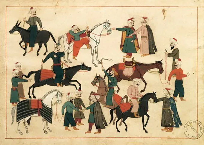 The horse market in Istanbul, miniature from Turkish Memories, Arabic manuscript, Cicogna Codex, Turkey 17th Century.
