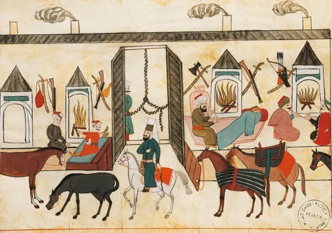 Interior of a Turkish caravansary (inn), miniature from Turkish Memories, Arabic manuscript, Cicogna Codex, Turkey 17th Century.