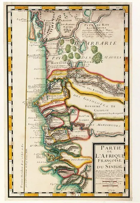 Cartography, 18th century. Map of Senegal, Mauritania and Gambia, 1729.