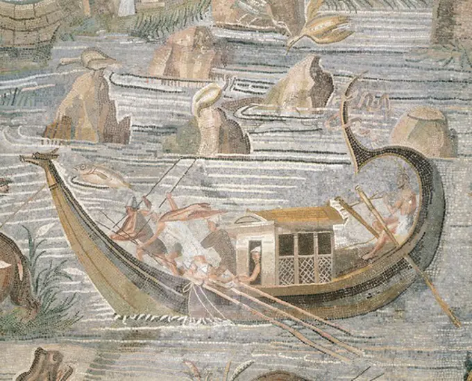 Mosaic depicting a bireme navigating the Nile, from Palestrina, Lazio. Roman Civilization, 1st Century BC.