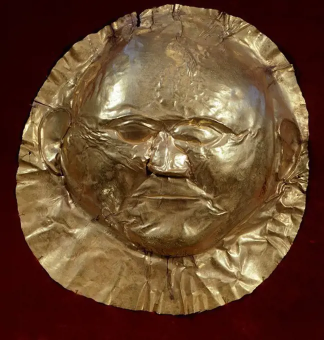 Gold mask from Tomb IV of the Circle A of Mycenae (Greece). Goldsmith art, Mycenaean Civilization, 16th Century BC.