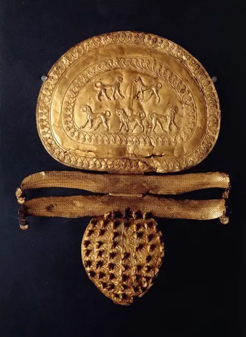 Gold disc fibula, from the Regolini-Galassi Tomb in Cerveteri (Lazio). Etruscan Civilization, 7th Century BC.