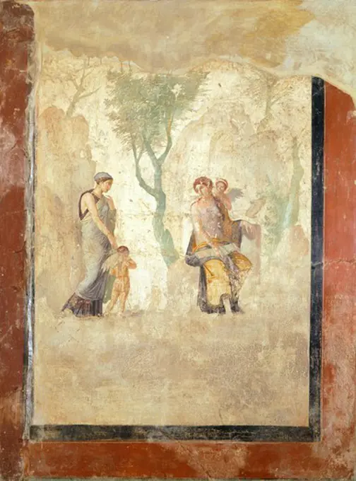 Fresco depicting Eros being punished in the presence of Aphrodite, from the House of Love Punished, Pompeii (UNESCO World Heritage List, 1997), Campania. Roman Civilization, 1st Century.