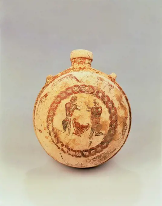 Lenticular flask by the Pilgrim Flask Painter, side depicting two komasts and a brazier. Etrusco-Corinthian pottery from Cerveteri (Lazio). Etruscan civilization, 7th Century BC.