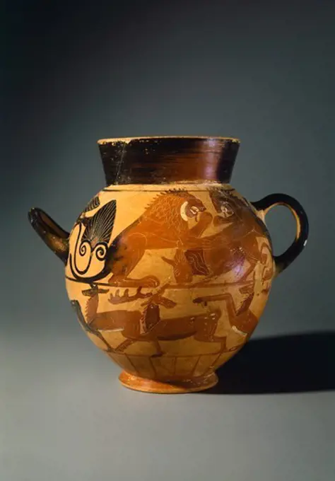 Ladle by the Painter of Tityos, viewed from side B. Black-figure pottery from Vulci (Lazio). Etruscan Civilisation, 520-510 BC.
