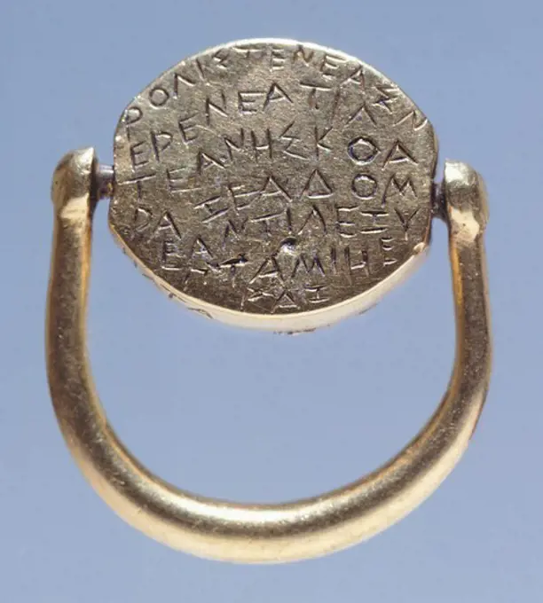 Gold ring with inscriptions in Thracian, from Ezerovo, Bulgaria. Goldsmith art. Thracian Civilization, 5th Century BC.