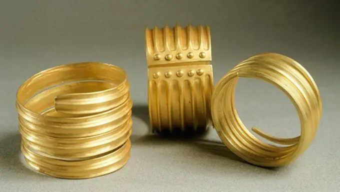 Gold bracelets from the Metal Age, from Hinova treasure, Romania. Jewellery. Geto-Dacian Civilization, 12 th Century BC.