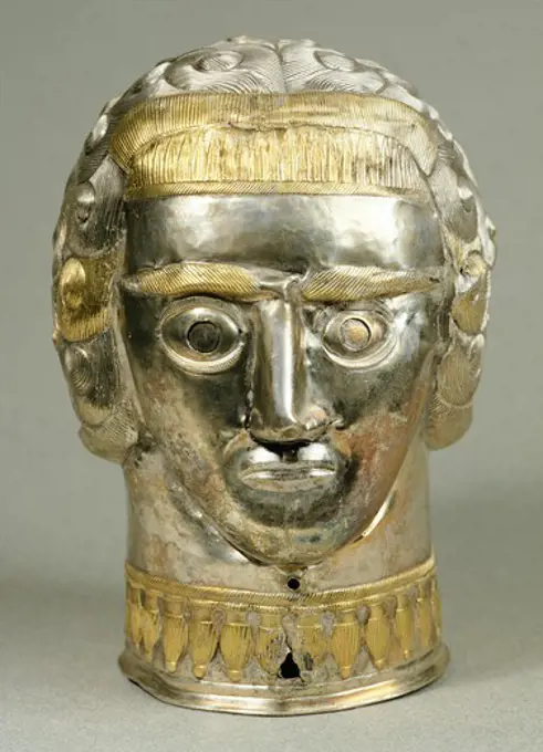 Silver sceptre in the shape of a man's head, from the Peretu treasure, Romania. Front. Jewellery. Geto-Dacian Civilization, 4th Century BC.