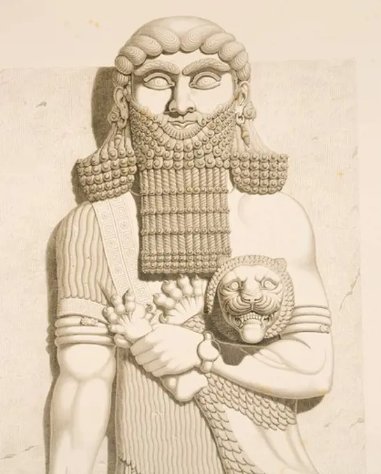 Relief depicting a man and a lion, detail, drawing by Eugene Flandin from Monuments of Nineveh by Paul-Emile Botta, 1849. Assyrian civilisation.