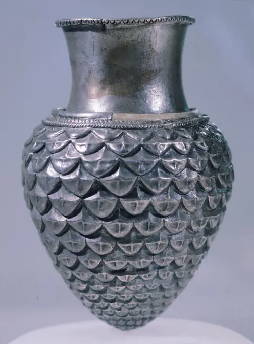 Silver vase in the shape of a pine cone, from Tomb 2 in the Mogilanska Mogila burial mound, Mihailovgrad Region, Bulgaria. Thracian Civilization, 4th Century BC.