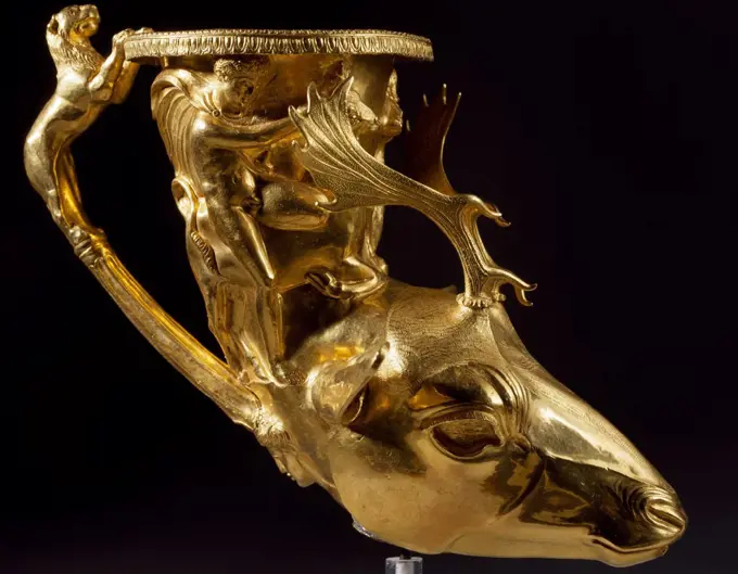 Gold rhyton in the shape of a stag's head with Heracles, Cerinea's deer, Theseus and the bull, and a handle shaped like a lion, from the Treasures of Panagjuriste, Plovdiv Region, Bulgaria. Goldsmith art. Thracian Civilization, 4th-3rd Century BC.