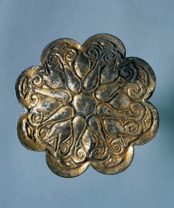 Silver gilt harness plaque in the shape of a rosette with eight petals. Jewellery. Mongolian Civilization, 10th-13th Century.