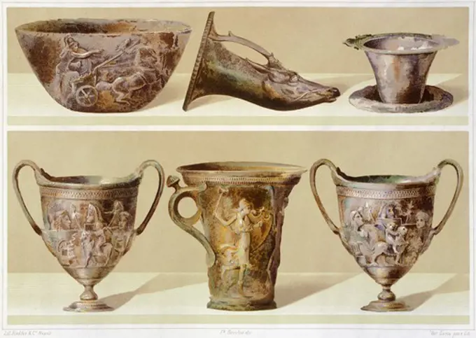 Reproduction of silver objects, from The Houses and Monuments of Pompeii, by Fausto and Felice Niccolini, Volume II, General Descriptions, Plate LXXII, 1854-1896.