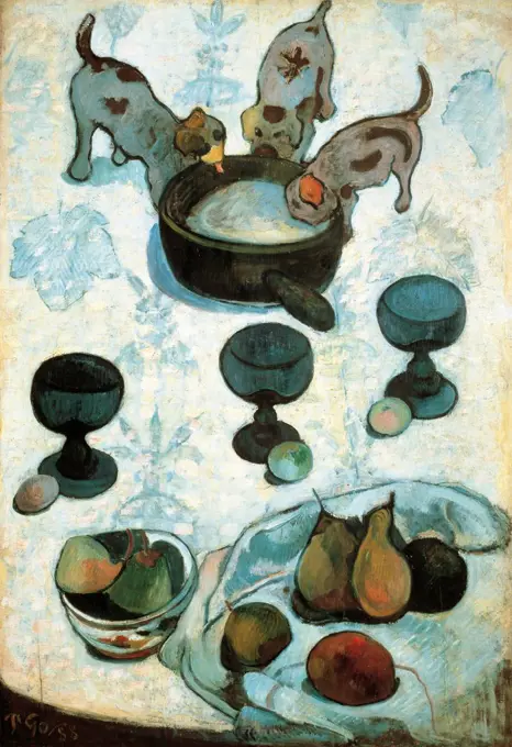 Still Life with three puppies, 1888, by Paul Gauguin (1848-1903), oil on panel, 91.8 x62.6 cm.