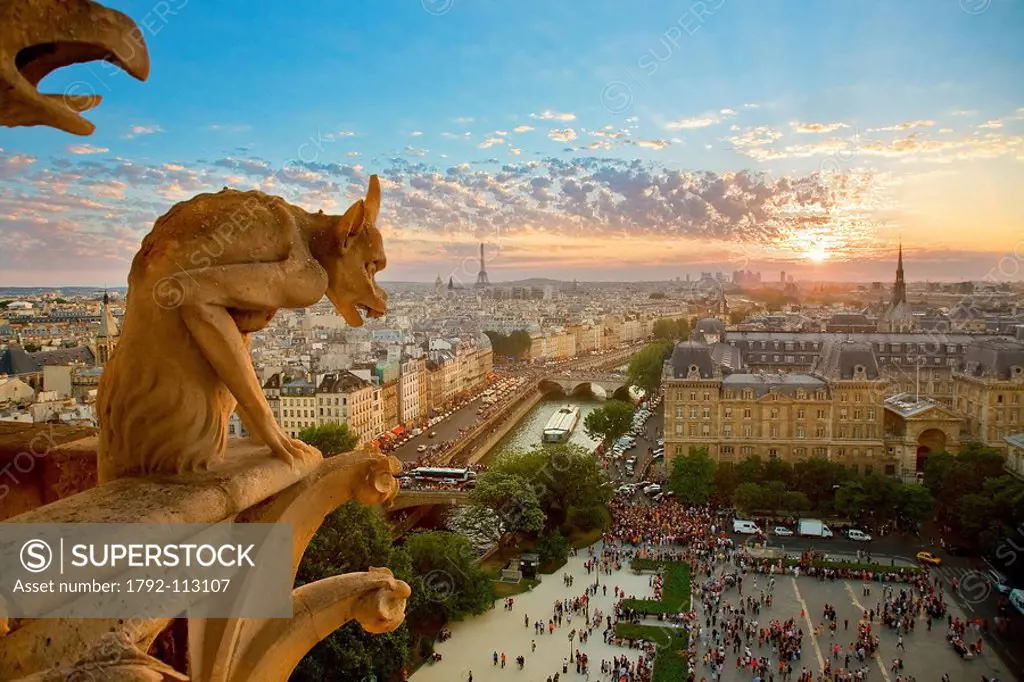 France, Paris, banks of the Seine river listed as World Heritage by UNESCO, view over the city from Notre Dame Cathedral