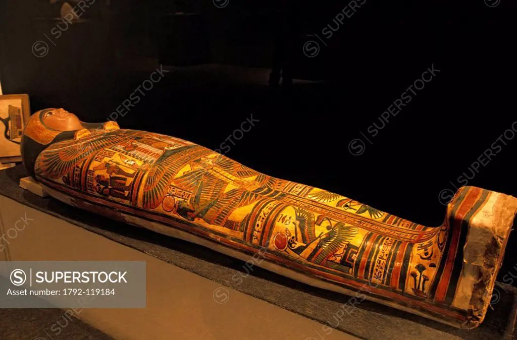 Egypt, Upper Egypt, Nile Valley, Luxor, Archaeological Museum of Luxor, painted sarcophagus